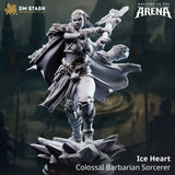 3D-printed Ice Heart Barbarian Sorcerer miniature with axe standing on a crystal base