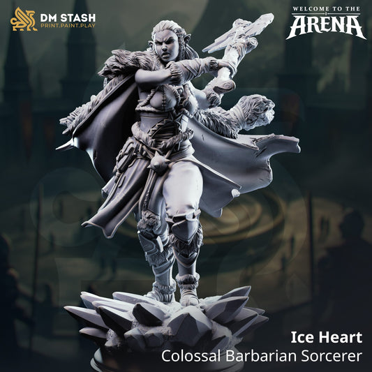 Tabletop Sorcerer Barbarian with Ice Heart miniature by Qumi, 32mm and 75mm scale for wargaming and RPG scenarios.
