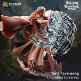 32mm scale resin miniature of Tyria Ravensong casting a magic spell with swirling effects