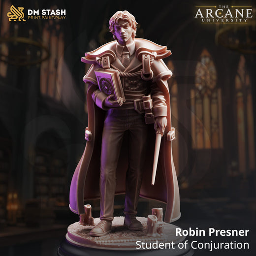 Human Wizard Tabletop Miniature - Robin Presner by Qumi, 3D printed resin tabletop miniature for RPGs, wargaming and painting