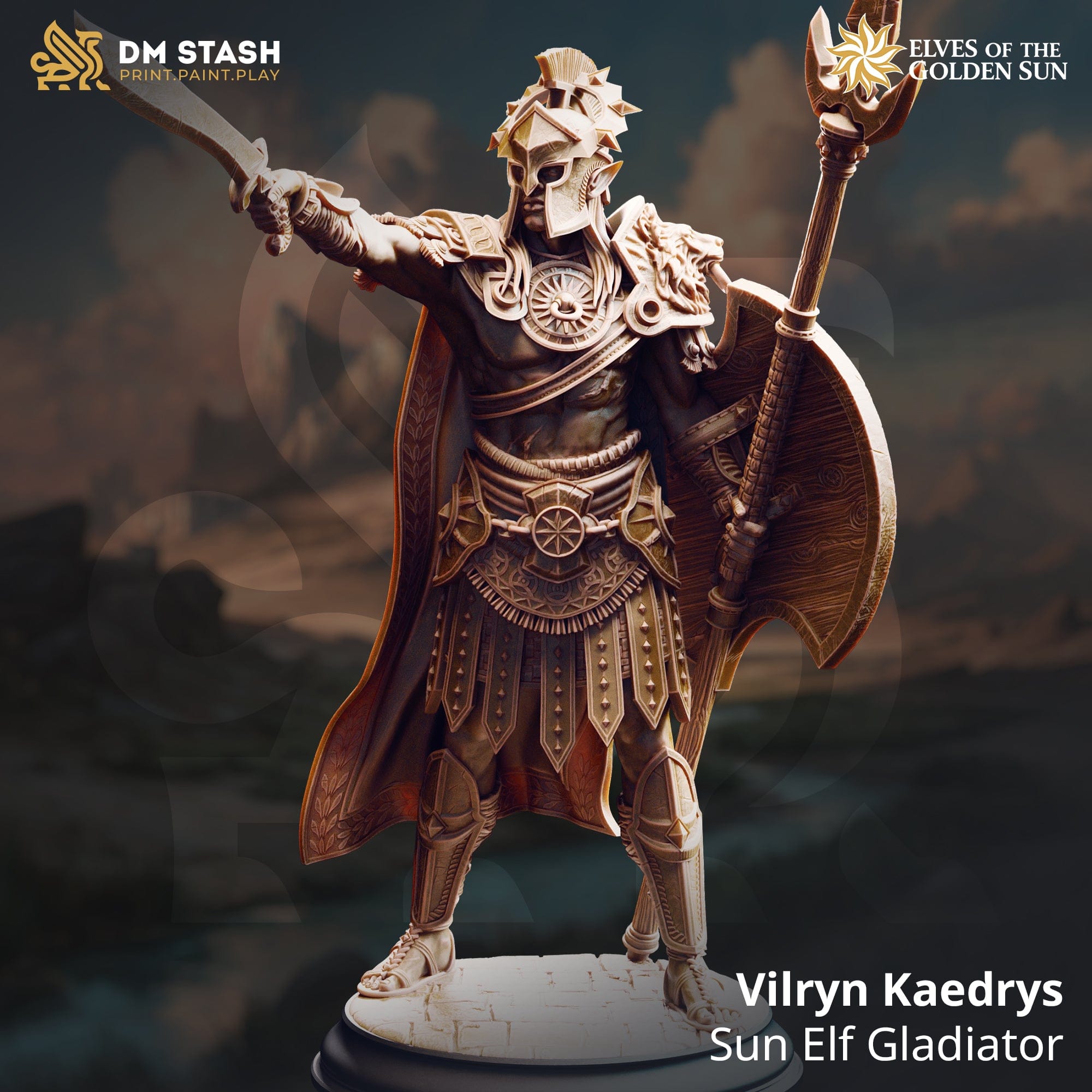 Tabletop Sun Elf Gladiator Vilryn Kaedrys DM Stash - Quality Miniatures - Qumi