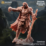 3D-printed resin miniature of Corsicus, a northman warrior holding a skull and sword, on a rocky base.