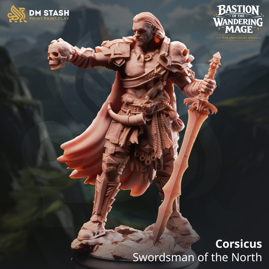 3D-printed resin miniature of Corsicus, a northman warrior holding a skull and sword, on a rocky base.