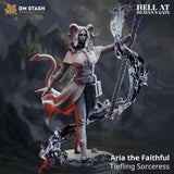 Aria the Faithful Tiefling Sorceress fantasy miniature holding a magical staff in a dynamic spellcasting pose.