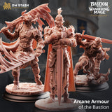Three high-detail 3D-printed resin sword fighter miniatures in heroic poses with ornate arcane plate armor.