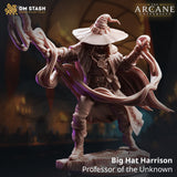 3D-printed resin miniature of Big Hat Harrison, a wizard casting magic with a wide-brimmed hat and flowing cloak.