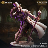 Cobalt Professor of Transmutation wizard miniature in 32mm scale resin with top hat and staff.