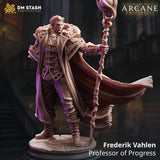Frederik Vahlen human wizard miniature standing with staff on a stone base