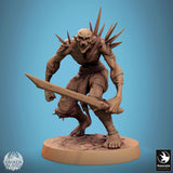 Aggressive ghoul warrior running forward with a sword, low angle view.