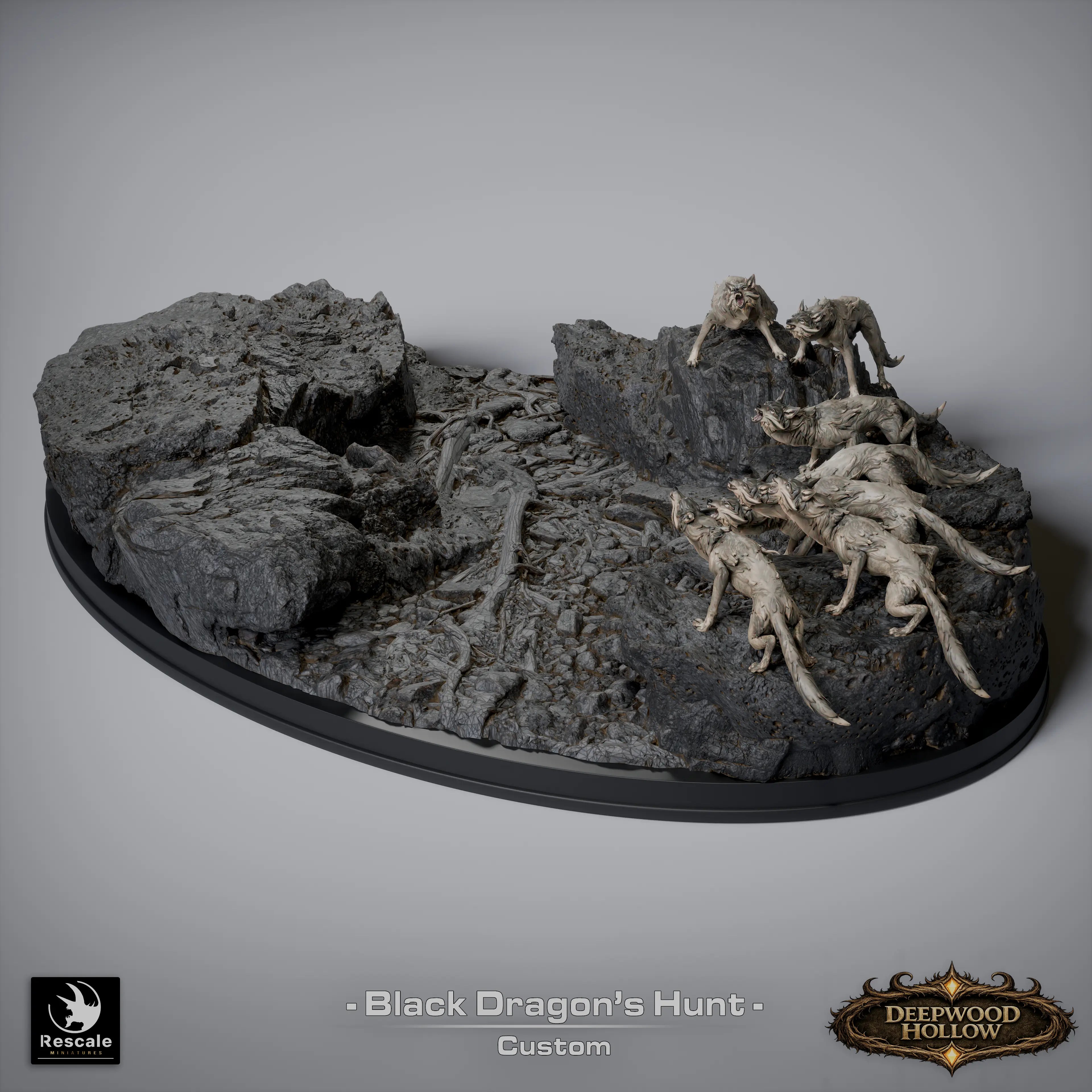 Rescaled Black Dragon's Hunt diorama miniature by Quality Miniatures Qumi, featuring detailed tabletop fantasy dragon figure.