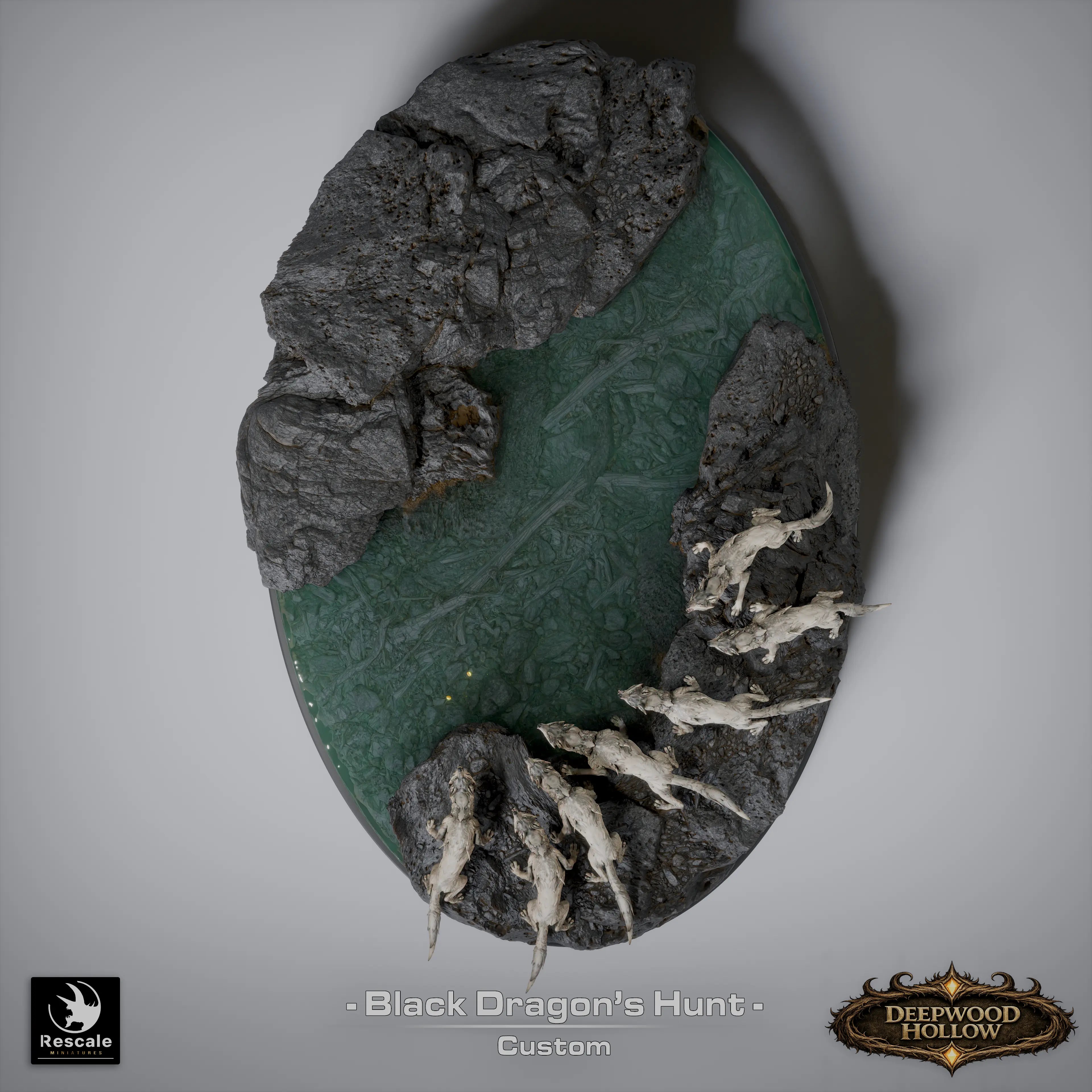 Detailed image of The Black Dragon's Hunt diorama miniature by Qumi, showcasing a fantasy dragon figure for wargaming and RPG.