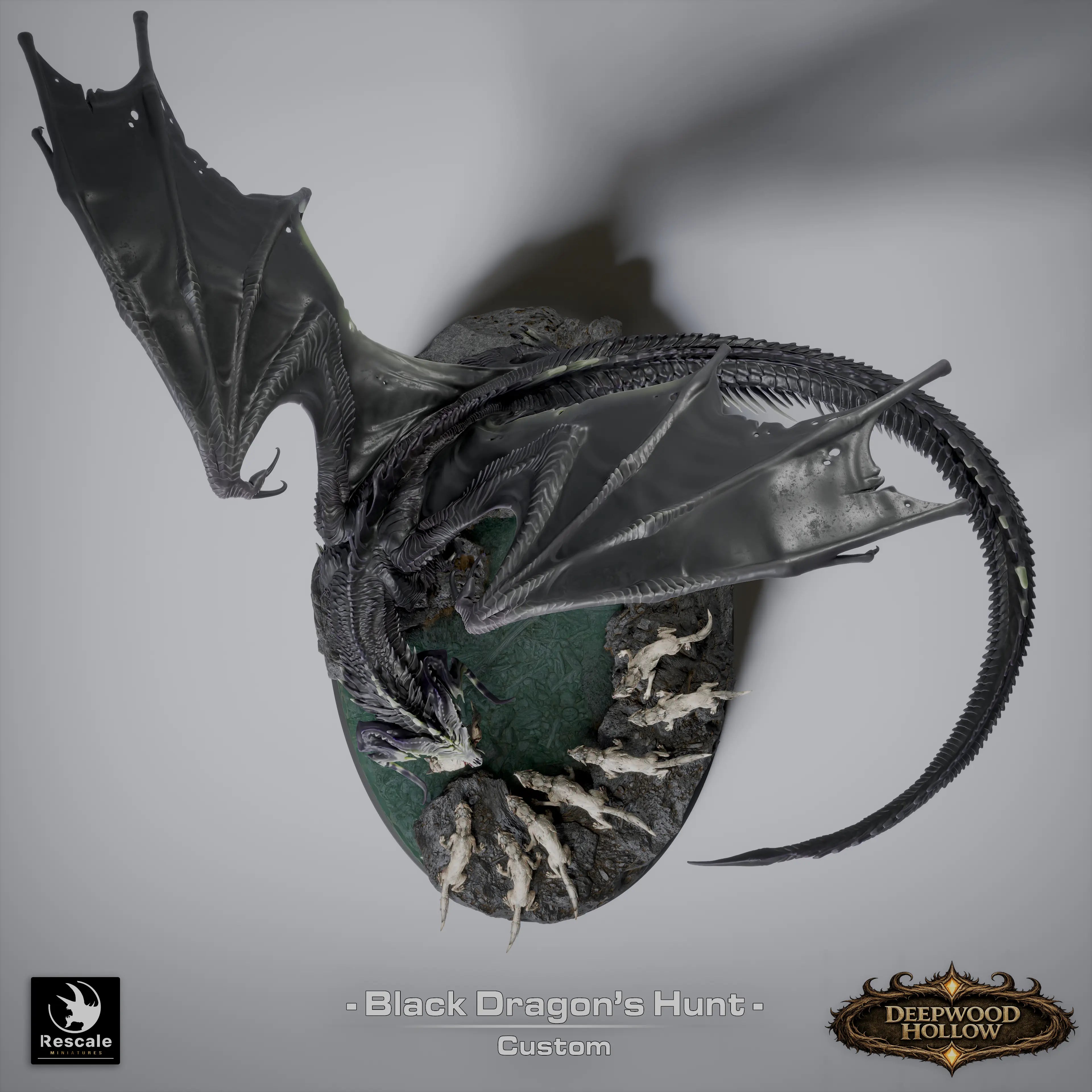 Rescaled miniatures diorama featuring a black dragon hunt scene by Quality Miniatures for tabletop wargaming and RPG.