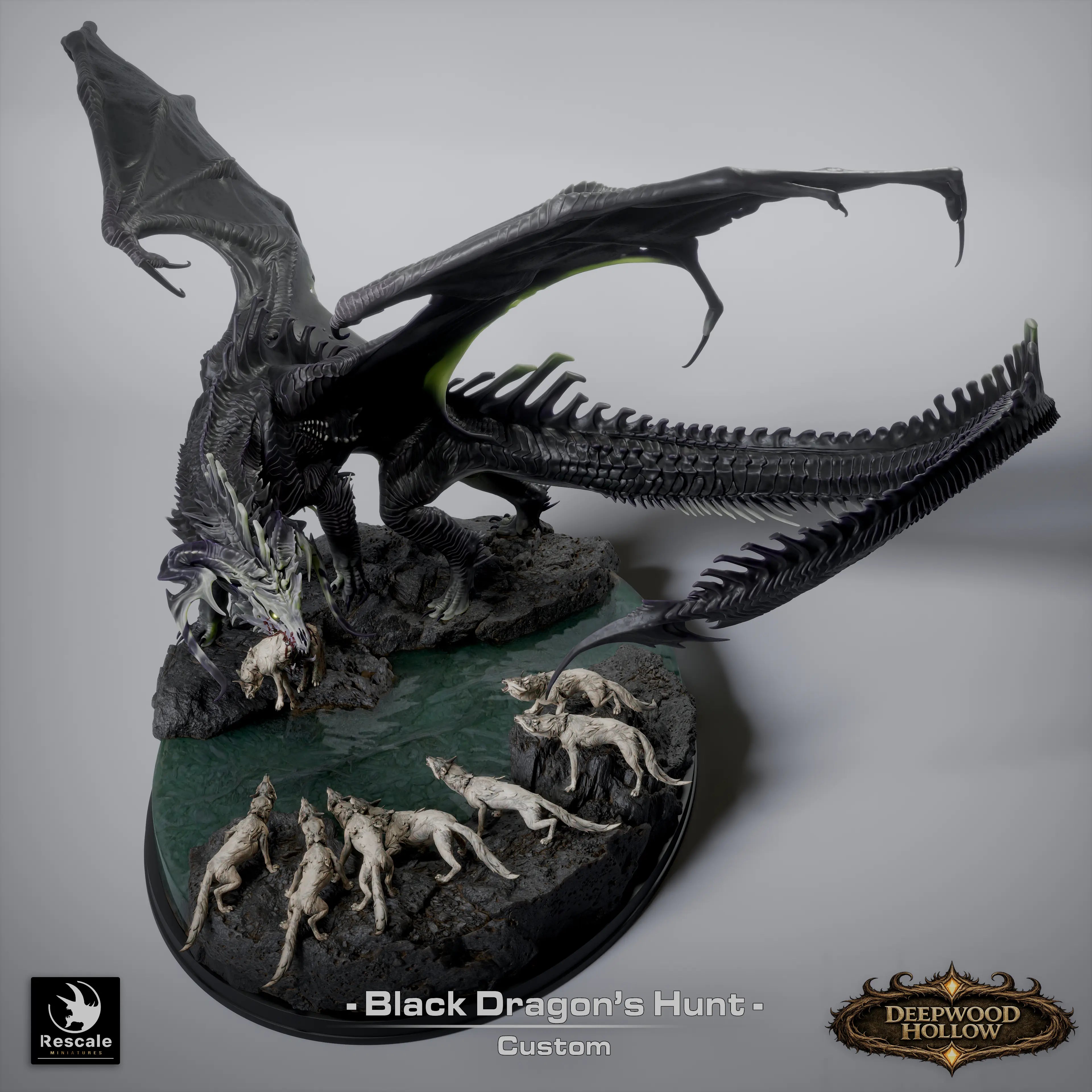 Miniature diorama featuring a black dragon's hunt, crafted by Quality Miniatures Qumi, for tabletop wargaming and RPG gaming.