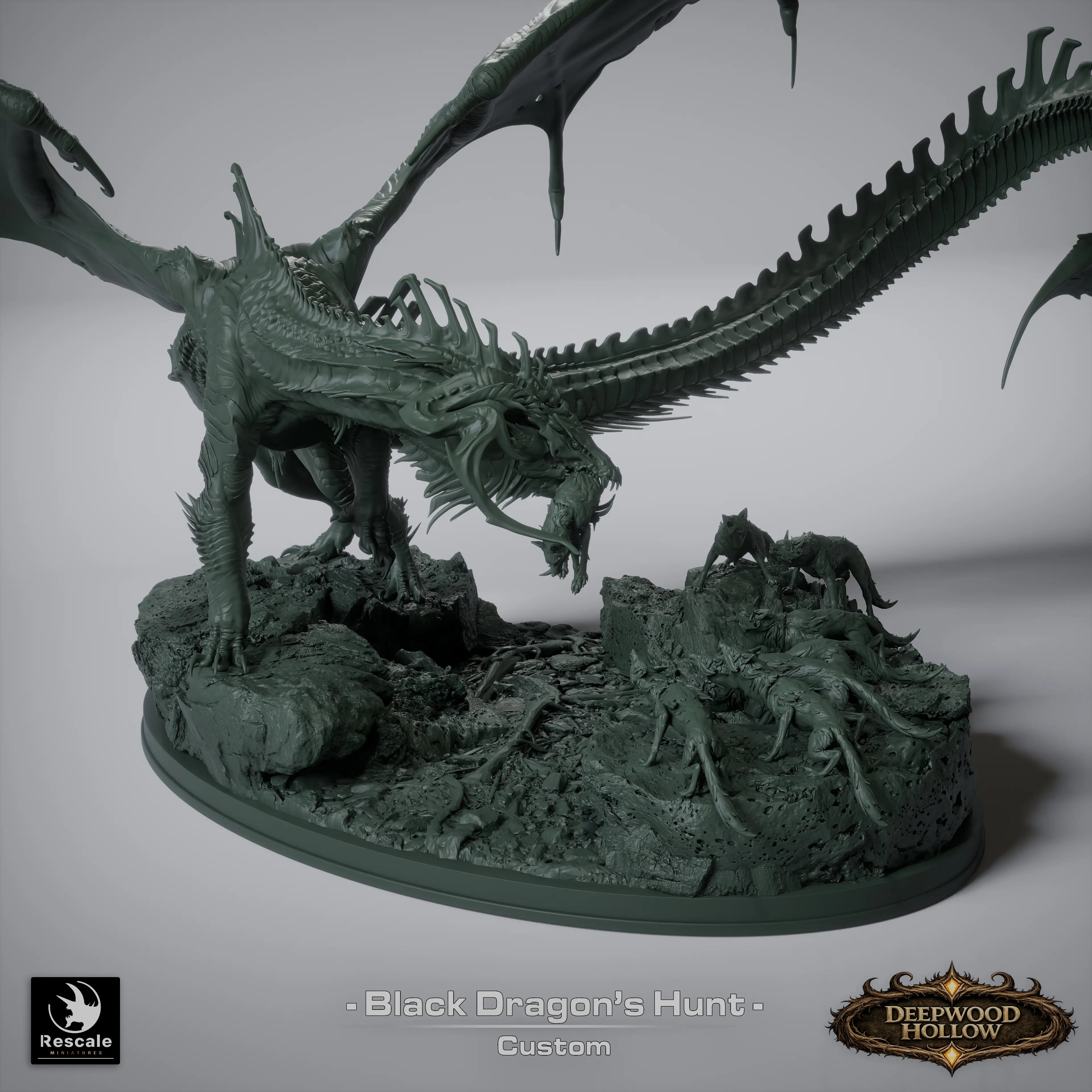 Detailed image of The Black Dragon's Hunt diorama featuring Qumi rescale miniatures for tabletop wargaming and RPG adventures.