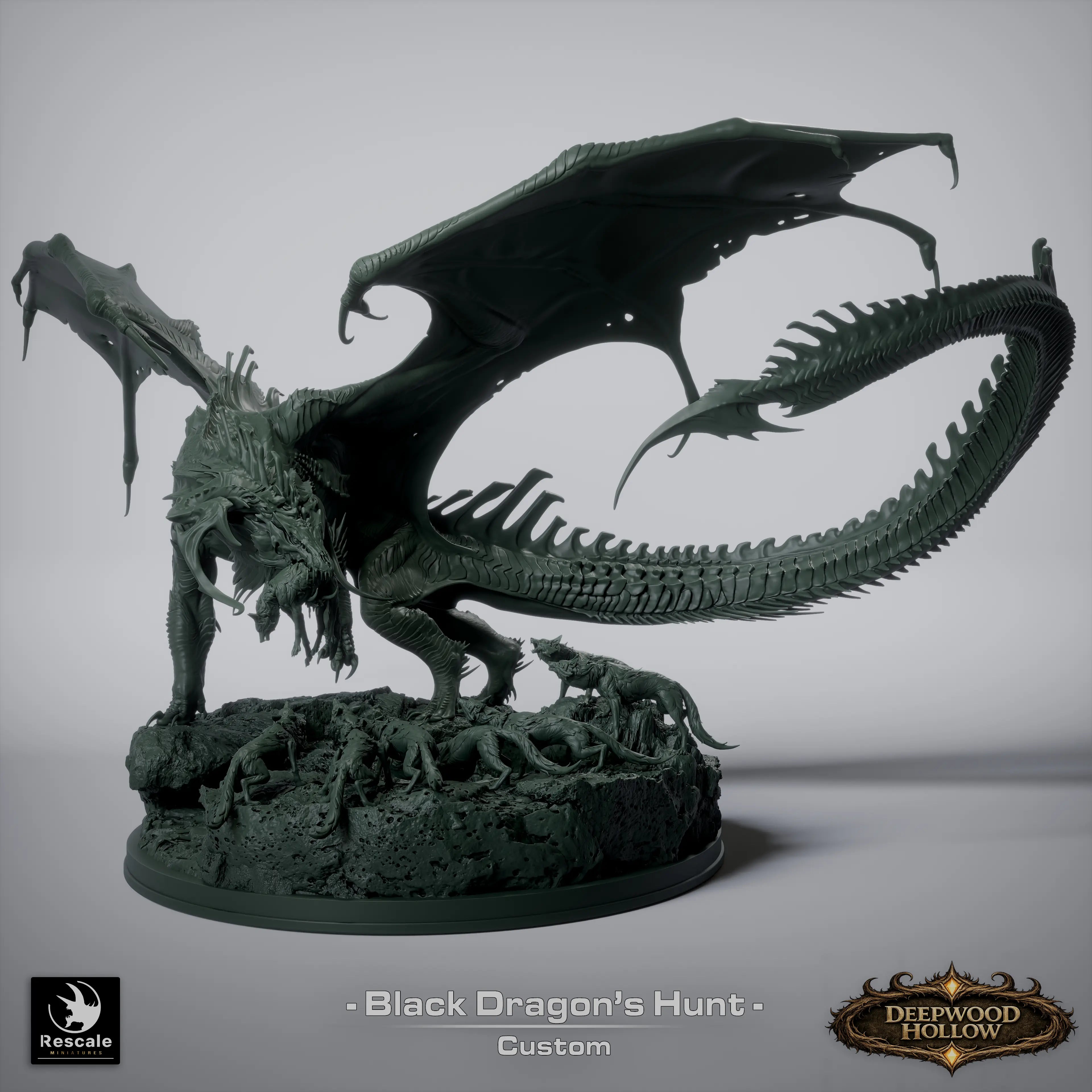 Detailed image of The Black Dragon's Hunt diorama miniature by Qumi, showcasing a dark dragon figure for tabletop wargaming and RPG.