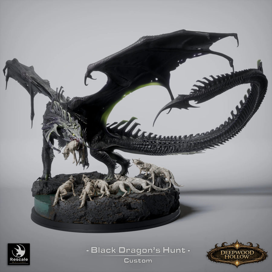Diorama von Drachenjagd mit großem schwarzem Drachen und Wölfen auf felsigem Untergrund