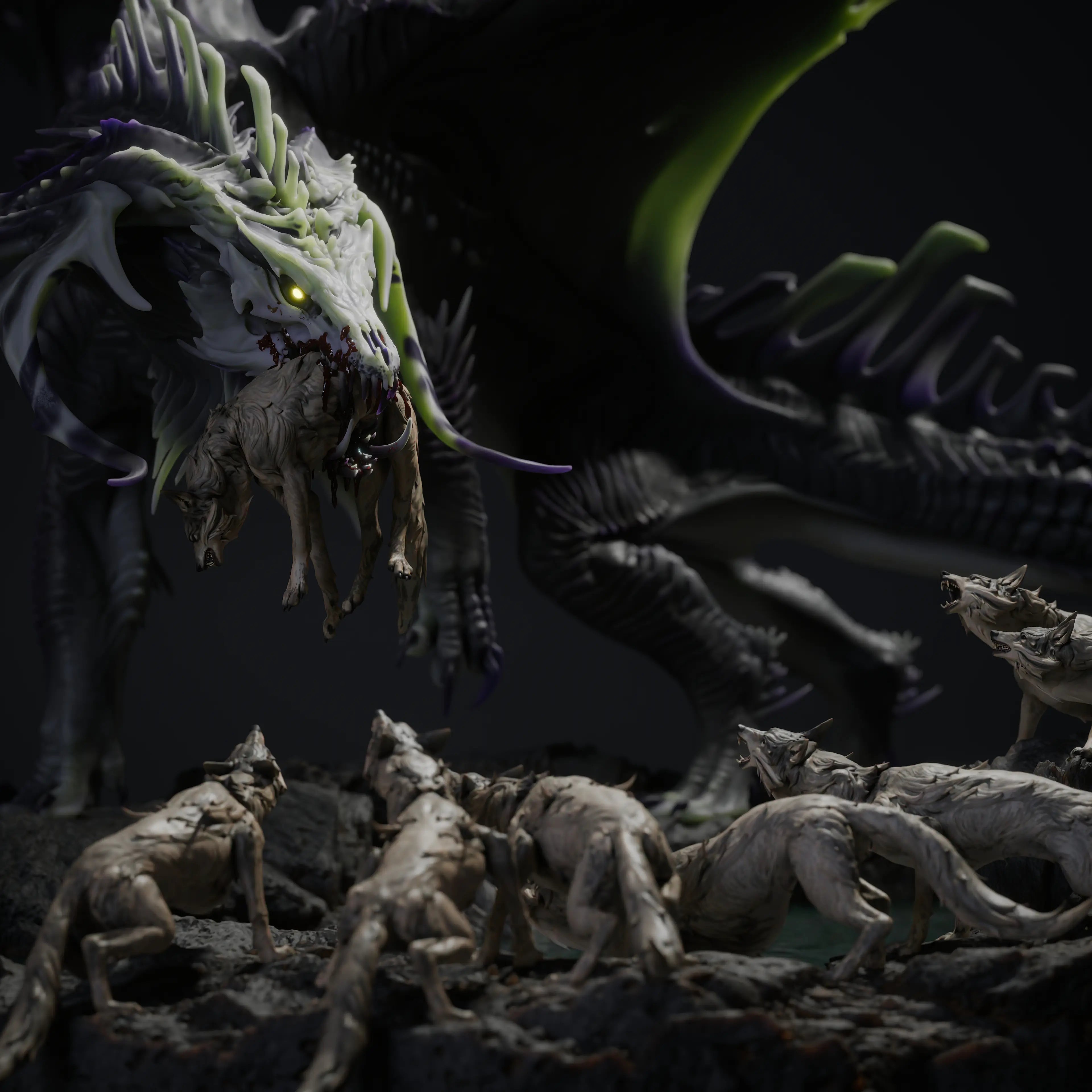 Detailed view of the Black Dragon's Hunt diorama miniature by Qumi, showcasing a fantasy dragon figure for wargaming and RPG.