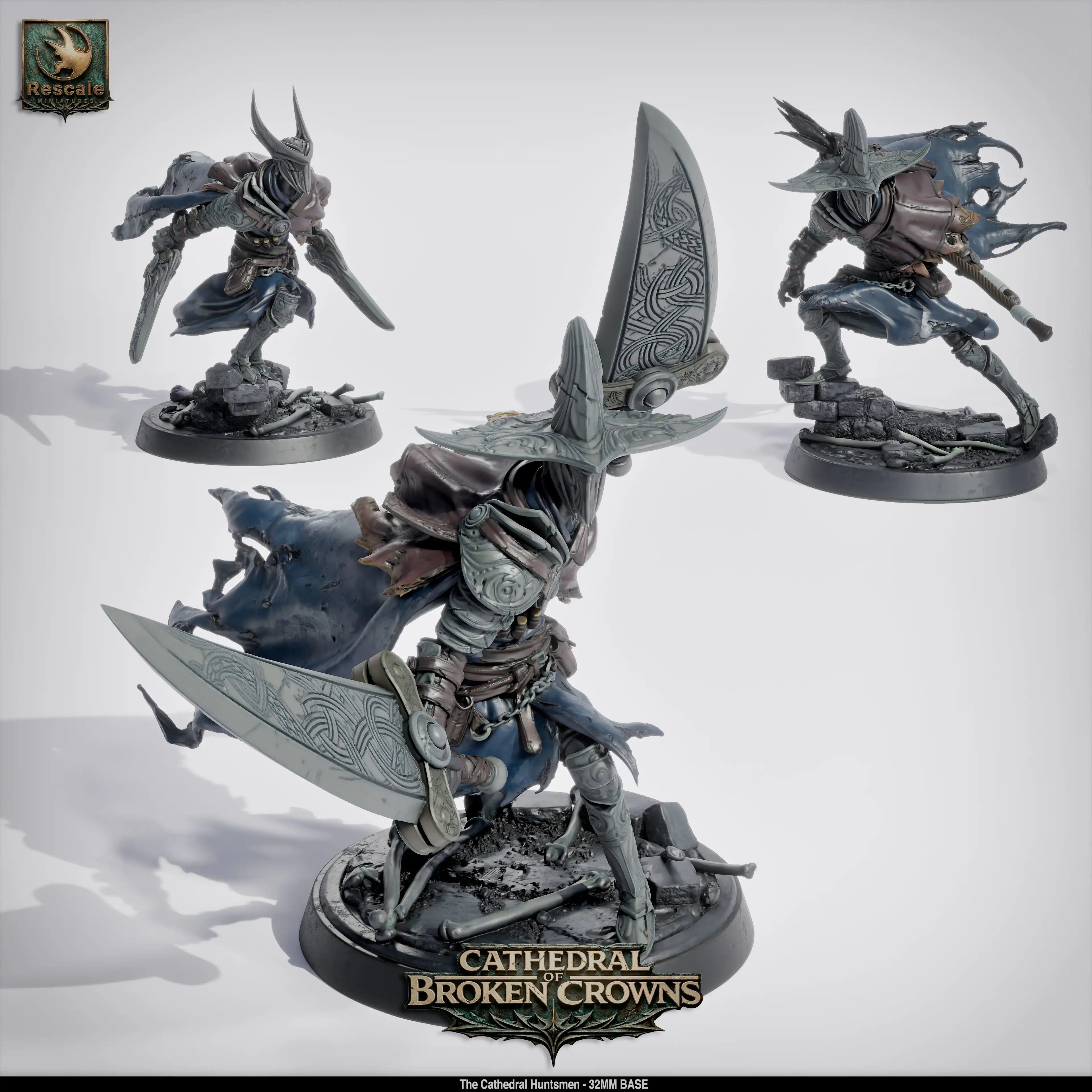 Three rescaled Monster Hunter Cathedral Huntsmen miniatures from Quality Miniatures for tabletop RPG and wargaming.