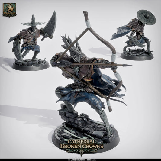 Three rescaled Monster Hunter Cathedral Huntsmen miniatures from Quality Miniatures Qumi, suitable for tabletop RPG and wargaming.
