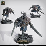 Kathedralen-Jäger Krieger Miniatur mit zwei Klingen, positioniert auf einer 32mm Base