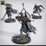 Drei Cathedral Huntsmen Miniaturen mit Bögen und Schwertern auf 32mm Bases in verschiedenen Posen.