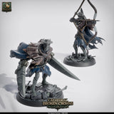 Zwei Cathedral Huntsmen Modelle, eines mit Bogen und eines mit verziertem Großschwert auf 32mm Bases.