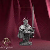 Front view of a 3D-printed resin bust of a crowned king in plate armor holding a longsword.