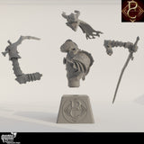 Einzelteile des Resin-Miniaturenbausatzes The Sorrow of Terrimor zur Ansicht ausgelegt