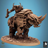 Side view of unmounted mechanical rhino on rocky terrain.