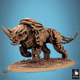 Warrior in armor with axe riding mechanical rhino, front view.