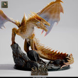 Front view of an adult topaz dragon miniature with a spiky tail, standing on a dark, rocky base.