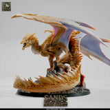 Side profile of an adult topaz dragon miniature perched on a rock base with detailed, crystalline wings.