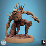 Ghoul monster in a low, prowling stance, holding a bone shiv, side view.