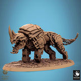 Warrior with horns riding mechanical rhino, rear angle.