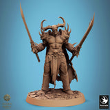Bare-chested horned warrior dual-wielding two long curved blades.