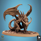 Digital render of a winged, horned monster creature crouching on a rocky oval base.