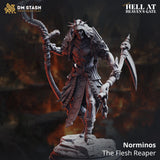 Norminos The Flesh Reaper undead warrior miniature standing on a stone base, holding a scythe and staff