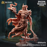 Siltharis, eine untote Lich-Miniatur mit Zauberbuch und Sense, 3D-gedruckt aus hochwertigem Resin.