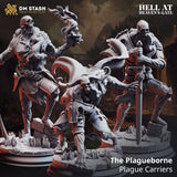 Drei detaillierte Plagueborne Untoten-Miniaturen aus Resin in dynamischen Posen mit Schädeln und Waffen.