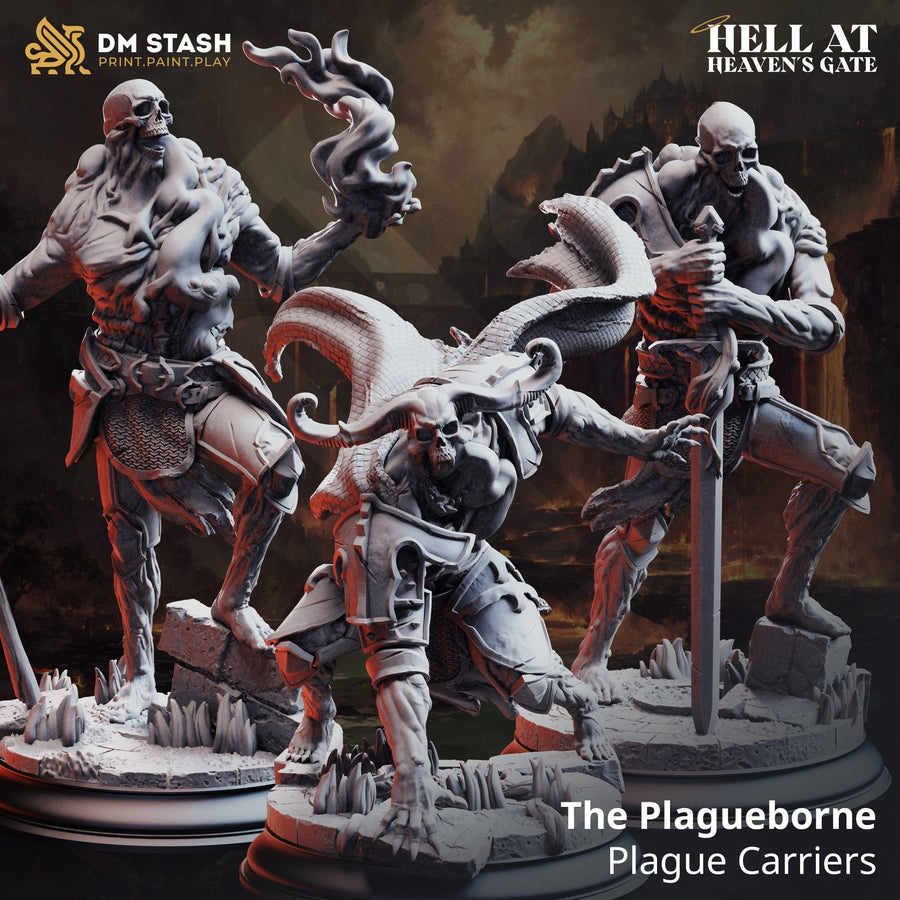Three detailed resin Plagueborne undead miniatures in dynamic poses with skulls and weapons on decorative bases.