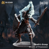 3D-printed resin miniature of an undead fighter with a ghostly wraith figure clutching his shoulders