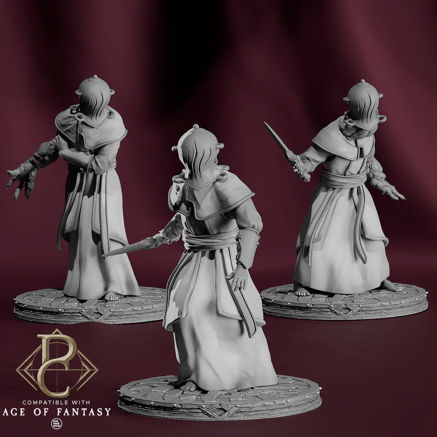 Front view of three Chainbound Initiate miniatures in gray resin on circular textured stone bases.