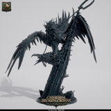 Side profile of Carrion King miniature, knight mounted on giant bird perched on stone pillar.