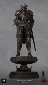 Full body view of the large Graveward Legion sword fighter miniature on a base next to a standard 32mm scale figure