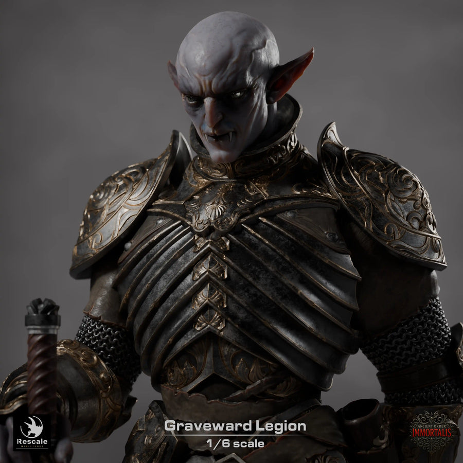 Close-up portrait of the Graveward Legion undead warrior showing detailed facial features and ornate armor