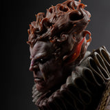 Close-up profile of an undead figure with flame-like hair, pointed ears, and a ruffled collar.