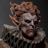Extreme macro shot of the undead character face showing the detailed textures on the skin and hair.