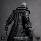 Rear view of the undead sword fighter wearing a long coat, visible sword hilts in hand.