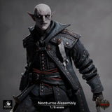 Close-up portrait of the undead sword fighter miniature showing facial features and coat collar details.