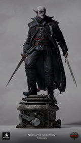 Full-body view of the undead sword fighter standing on a detailed base with rats, holding dual swords.